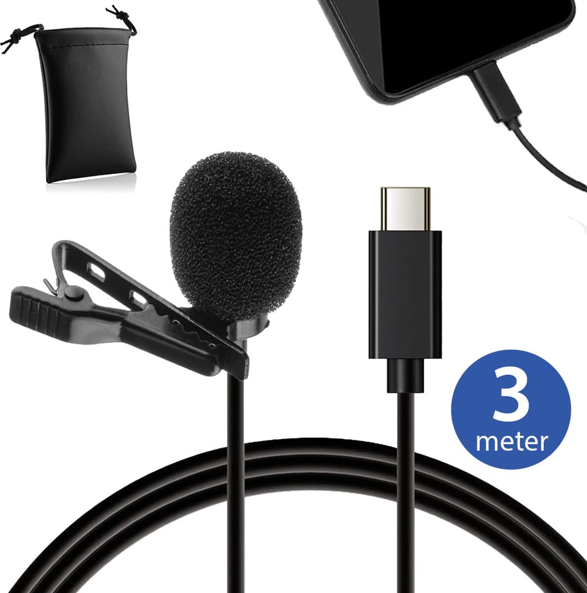MOJOGEAR Speldmicrofoon met USB-C-aansluiting - 3 meter kabel - Dasspeld microfoon voor Android Smartphones, iPhone 15, iPhone 16, USB C Tablets - Zwart — afbeelding 1