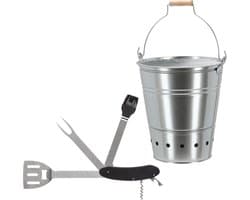 Barbecue set - houtskool BBQ emmer en een 5-in-1 Zwitsers BBQ zakmes - handig mee te nemen