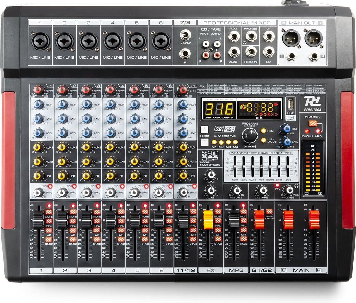 Mengtafel - Power Dynamics PDM-T804 - 8-kanaals mengpaneel Bluetooth, DSP, mp3 en USB audio interface — afbeelding 1