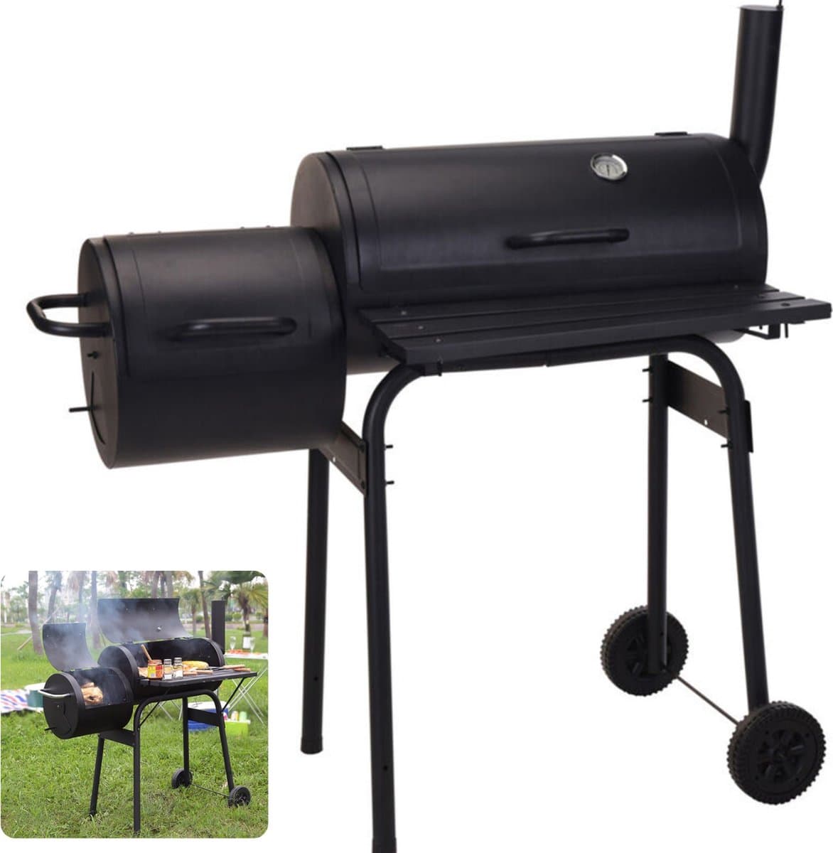 Cheqo® Verrijdbare Barbecue met Rookoven - BBQ met Roker - Gegalvaniseerd Staal - Kookhoogte 79 cm - Geschikt voor Houtskool of Briketten - Thermometer - 13.5KG — afbeelding 1
