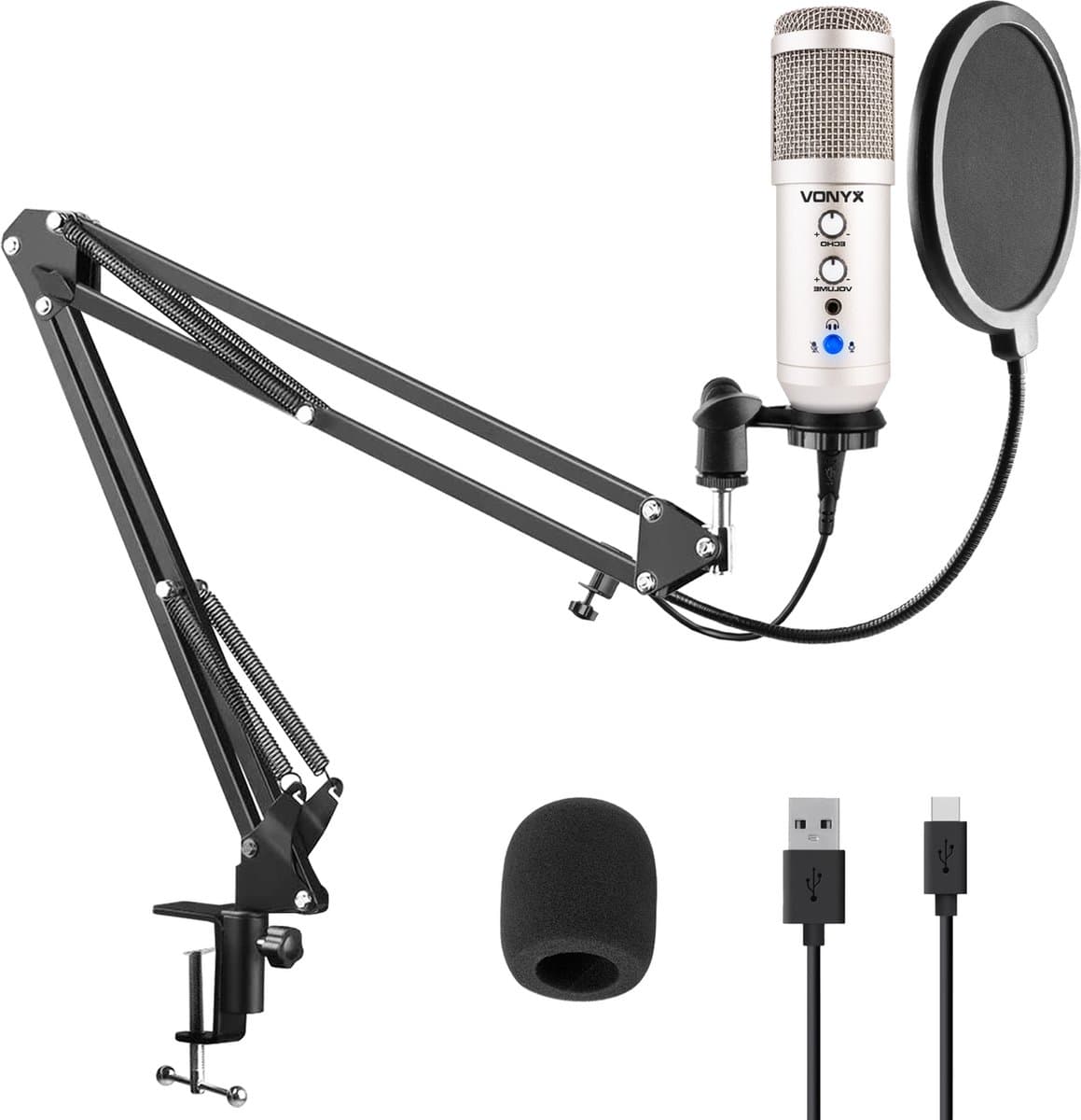 USB microfoon voor pc - Studio microfoon met standaard - Vonyx CMS320 Condensator - Ruisfilter- Titanium — afbeelding 1