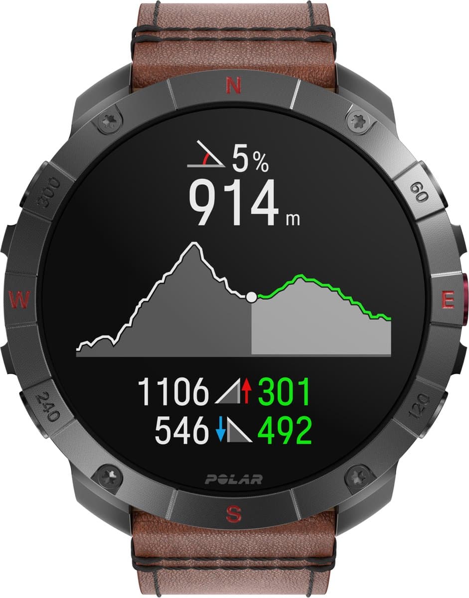 Polar Grit X2 Pro TITAN Premium Outdoor Smartwatch, Brons leder M/L, extra Zwarte Silicone horlogebandje S/L — afbeelding 1