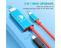 JINGDU USB type C naar HDMI-kabel voor Nintendo Switch/OLED, 3-in-1 High Speed 4K USB-C naar HDMI, ondersteunt TV/Steam Deck/laptop/pc, 2 m, rood en blauw