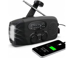 Noodradio - Opwindbaar - 2000 mAh - Radio Met Accu Batterij - Noodpakket - Opwindbaar - Solar - Zaklamp - Powerbank - Op Batterijen - Zwart - Draagbare - Voor Rampen/Camping