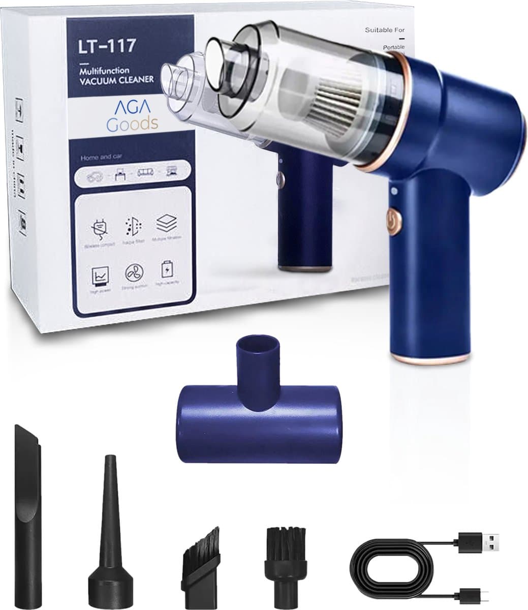 Kruimeldief - Mini kruimeldief - Kruimelzuiger - Handstofzuiger - Nat en droog vuil - Incl. 5 opzetstukken - Air duster - Autostofzuiger - Draadloze stofzuiger - 8000PA - Hepa filter – Blauw — afbeelding 1