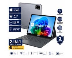 Windows Tablet 16 Inch Touchscreen - 16GB DDR5 - 512GB SSD - Inclusief Toetsenbord - 2-in-1 Laptop voor Werk, Studie, Reizen, Vakantie, Films en Entertainment - QHD IPS