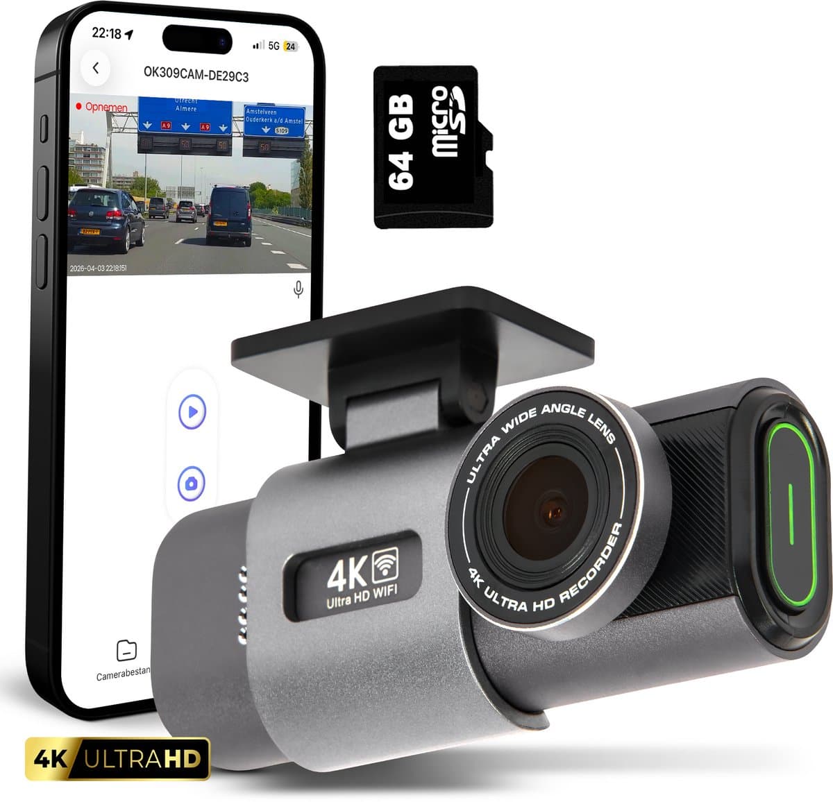 SecurLens Y Dashcam 4K – Dashcam Voor Auto – Wifi & App – Nachtzicht – G-Sensor – incl. 64GB SD-kaart — afbeelding 1