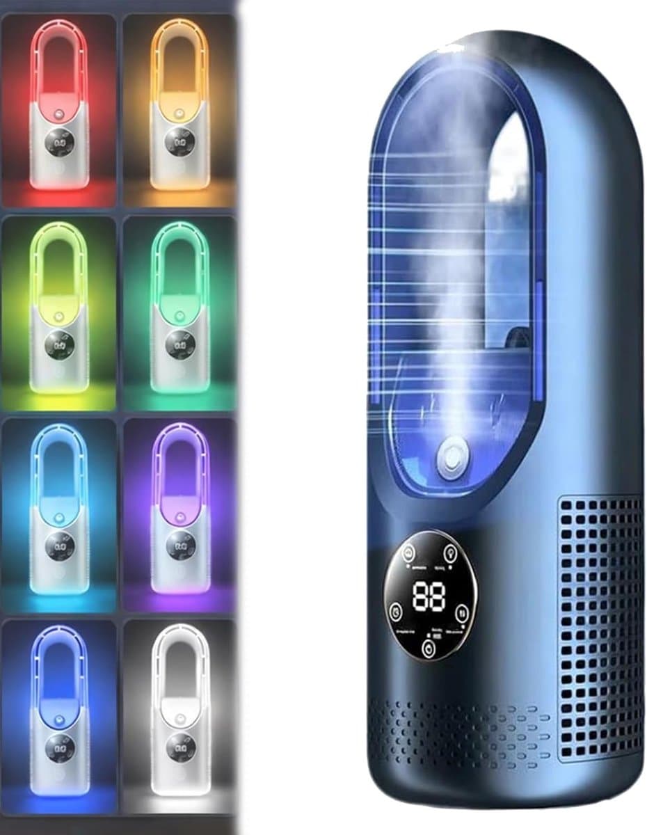 6-standen bladeloze elektrische ventilator met koelfunctie & 7-kleuren LED-verlichting – Draagbare tafelventilator met stille, krachtige luchtstroom (Blauw) — afbeelding 1