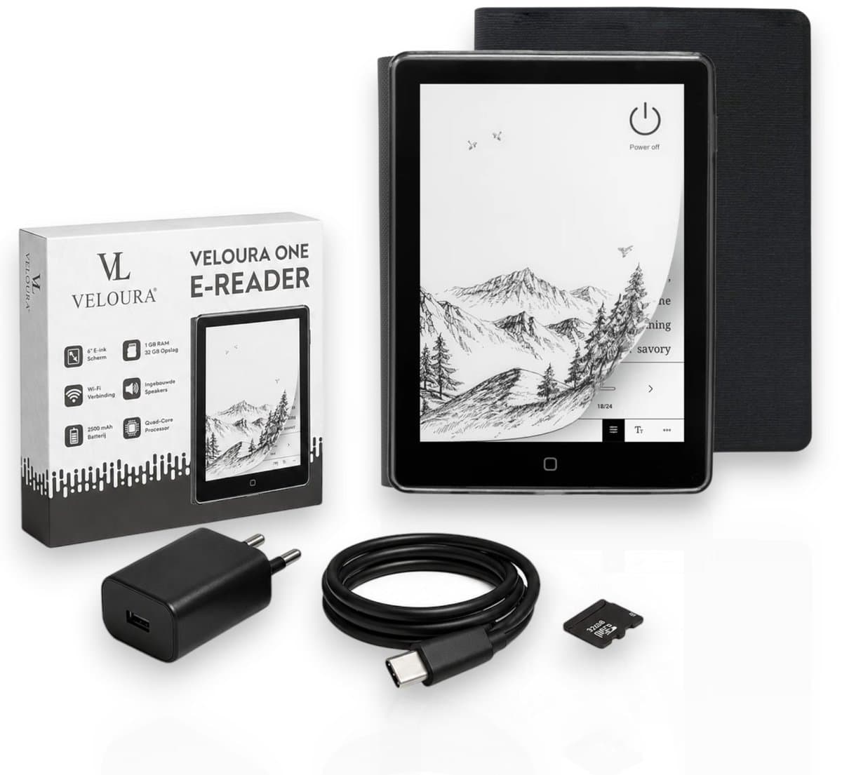 Veloura One E reader - inclusief 32GB SD kaart - 6 inch ereader met hoesje - met schermverlichting en nachtmodus - 64 GB opslag - online luisterboeken en storytel ondersteuning - nederlandstalig ebook — afbeelding 1