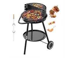 Homelux Draagbare houtskoolgrill + BBQ-spies met bevestigingsclips - Ronde grill met wielen en windscherm - BBQ - Hoogte verstelbaar - roestvrijstalen rooster voor tuin en camping