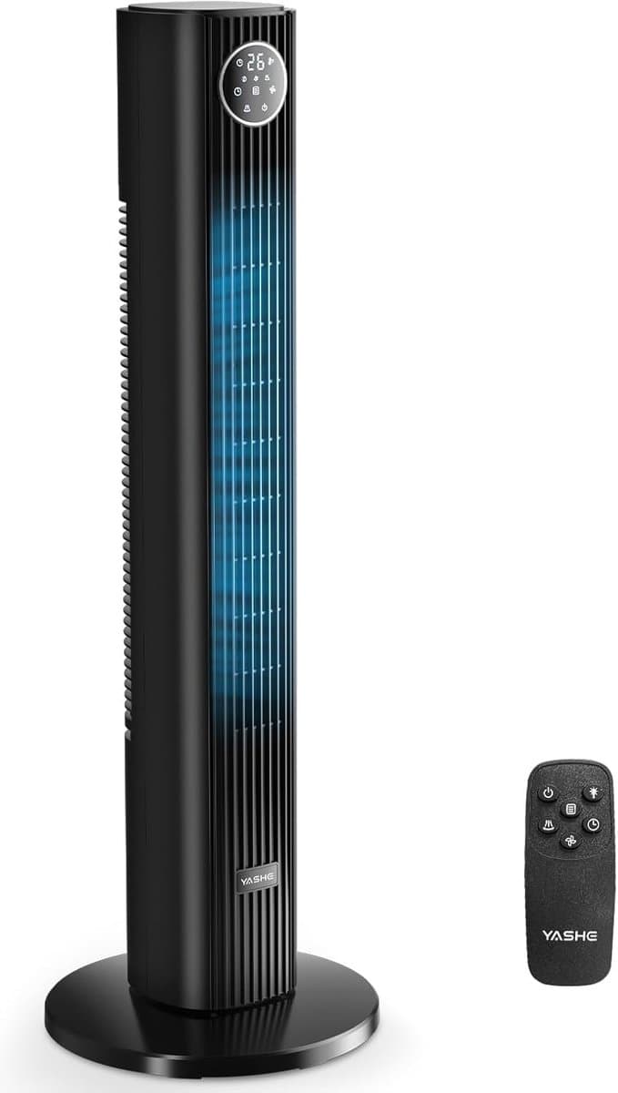 YASHE Torenventilator 90 cm - Stille ventilator zonder bladen vanaf 28 dB - 85 graden oscillatie - Afstandsbediening - 3 snelheden - 15-uurs timer - Zwart — afbeelding 1