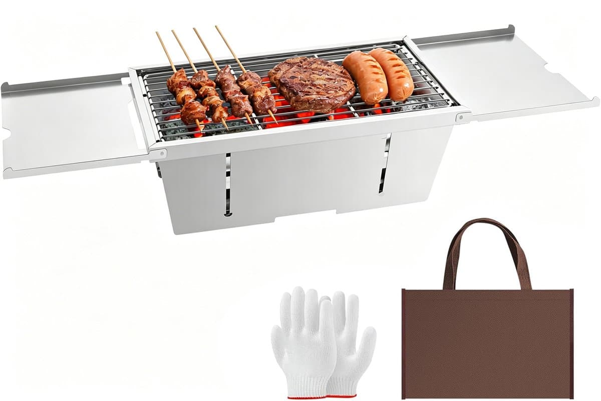 Uten Tafel BBQ Houtskool - Camping BBQ - Opvouwbare en Draagbare Barbeque - Barbecue met Losse Vuurschaal en Grillrooster - Grilloppervlak (L x B) 37.5 x21.5 cm - RVS — afbeelding 1
