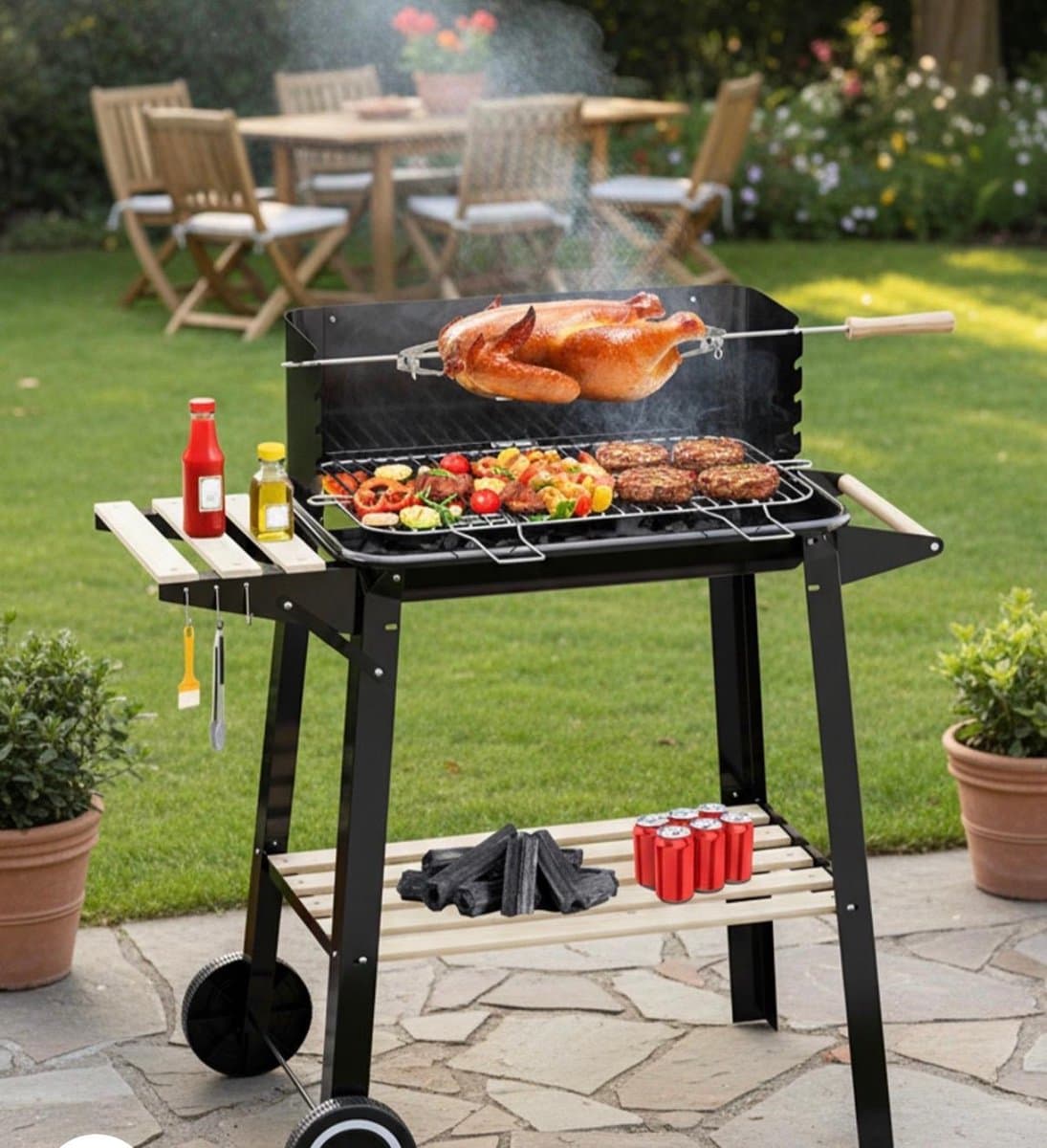 Houtskoolgrillwagen met draaispit, roestvrijstalen rooster en 5 hoogte-instellingen. Mobiele barbecue met 2 houten planken en wielen. — afbeelding 1