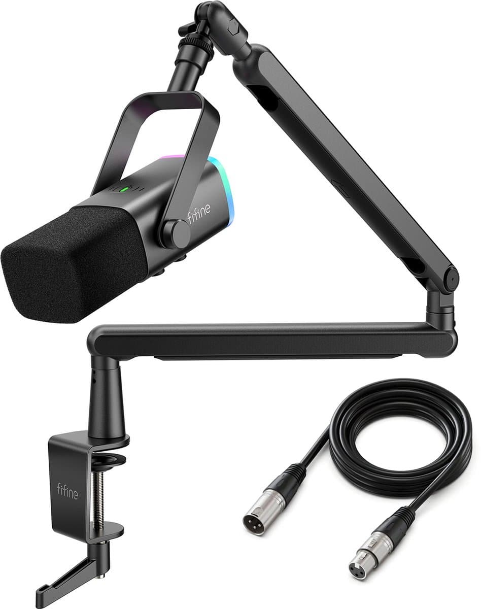 FIFINE TAM8 XLR - USB / XLR Studio microfoon - Flexibele Arm ( BM88 ) - Met kabelgoot - Geschikt voor PC/PS4/PS5 - RGB - Podcast - Gaming - Streaming - Zwart — afbeelding 1