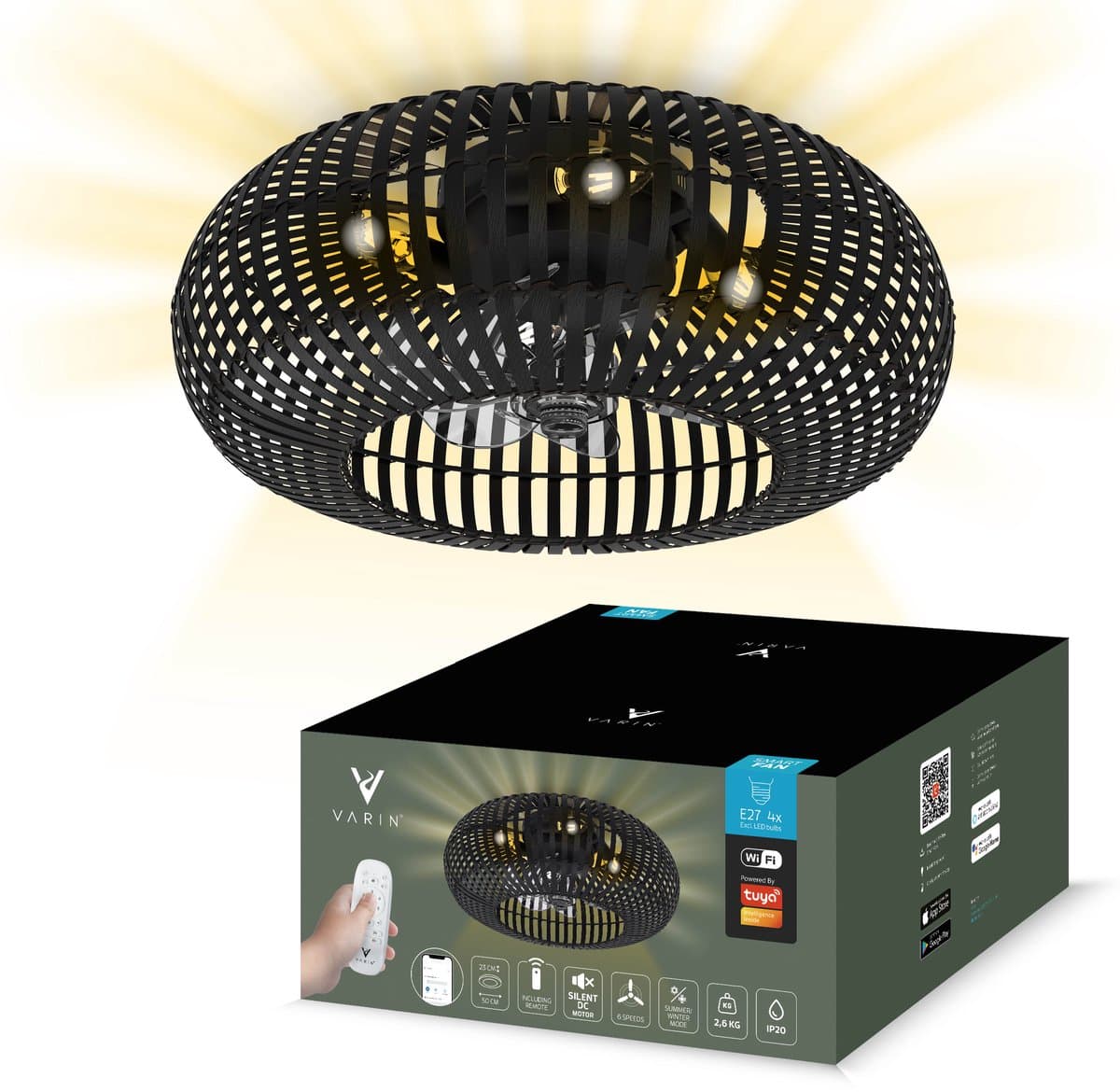 Varin® Smart Plafondlamp met ventilator - Bamboe Zwart - Tuya Wifi - Ø 50cm - Plafondventilator met verlichting - Smart lamp slaapkamer - Plafonniere kinderkamer - Plafondlampen industrieel - Plafond lamp - Afstandsbediening - Plafond met ventilator — afbeelding 1