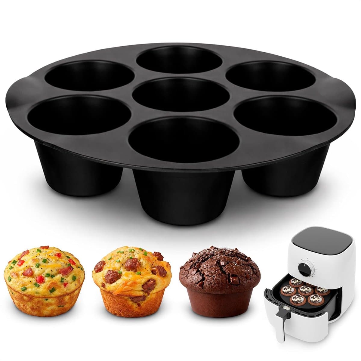 Siliconen Bakvorm - Taartvorm - 7 Cups Non-stick Bakvormpjes - 20.32*20.32*4cm - Herbruikbaar - Bpa-Vrij - Zwart - Bakaccessoire - Airfryer Siliconen Cupcake Bakvorm - Muffin Bakvormen - Geschikt Voor Het Bakken Van Cupcakes, Brownies, Chocolade — afbeelding 1