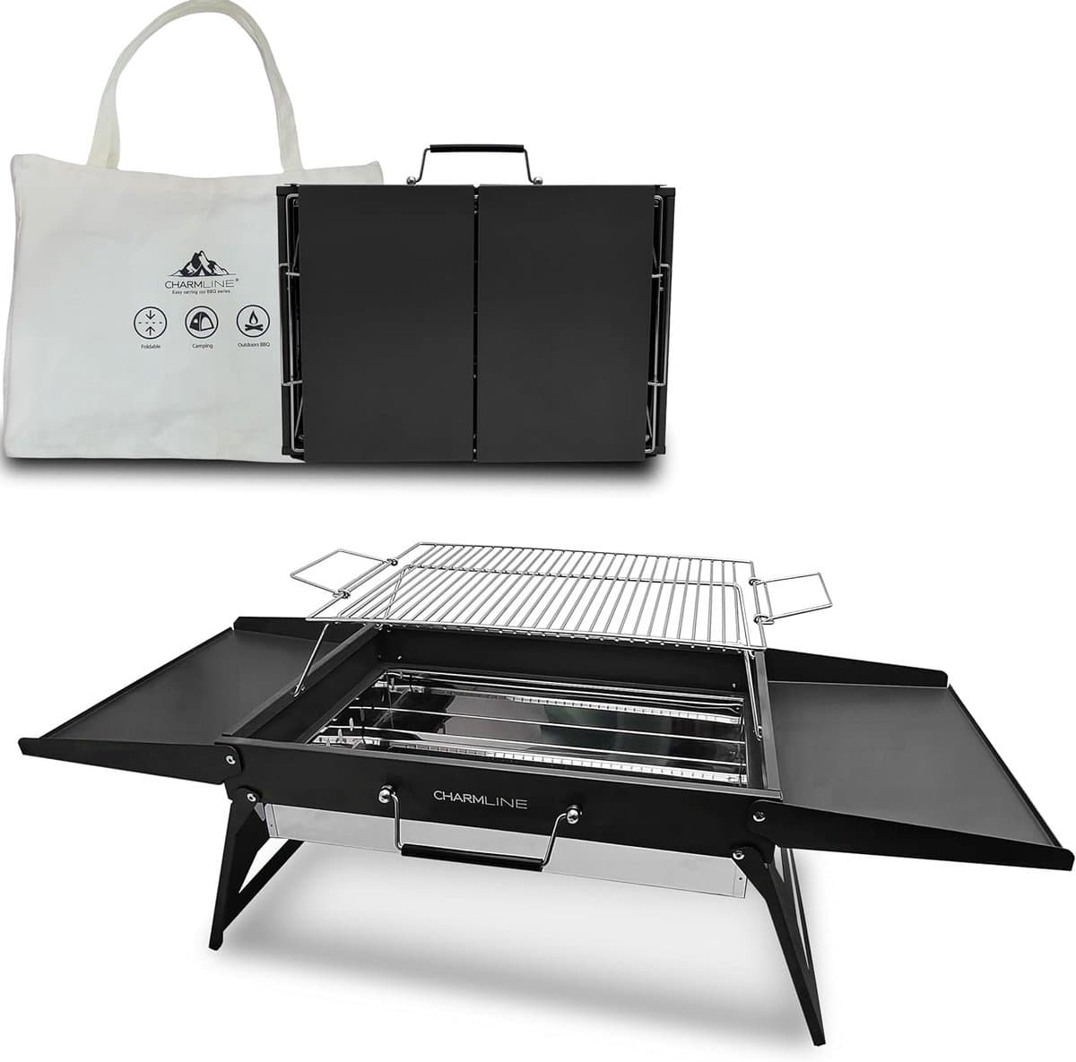 opvouwbare draagbare houtskoolgrill, compacte buitenbarbecue, ideaal voor kamperen, picknicks, tuinfeesten en strandfeesten, zwart, max. 51 x 35 cm — afbeelding 1