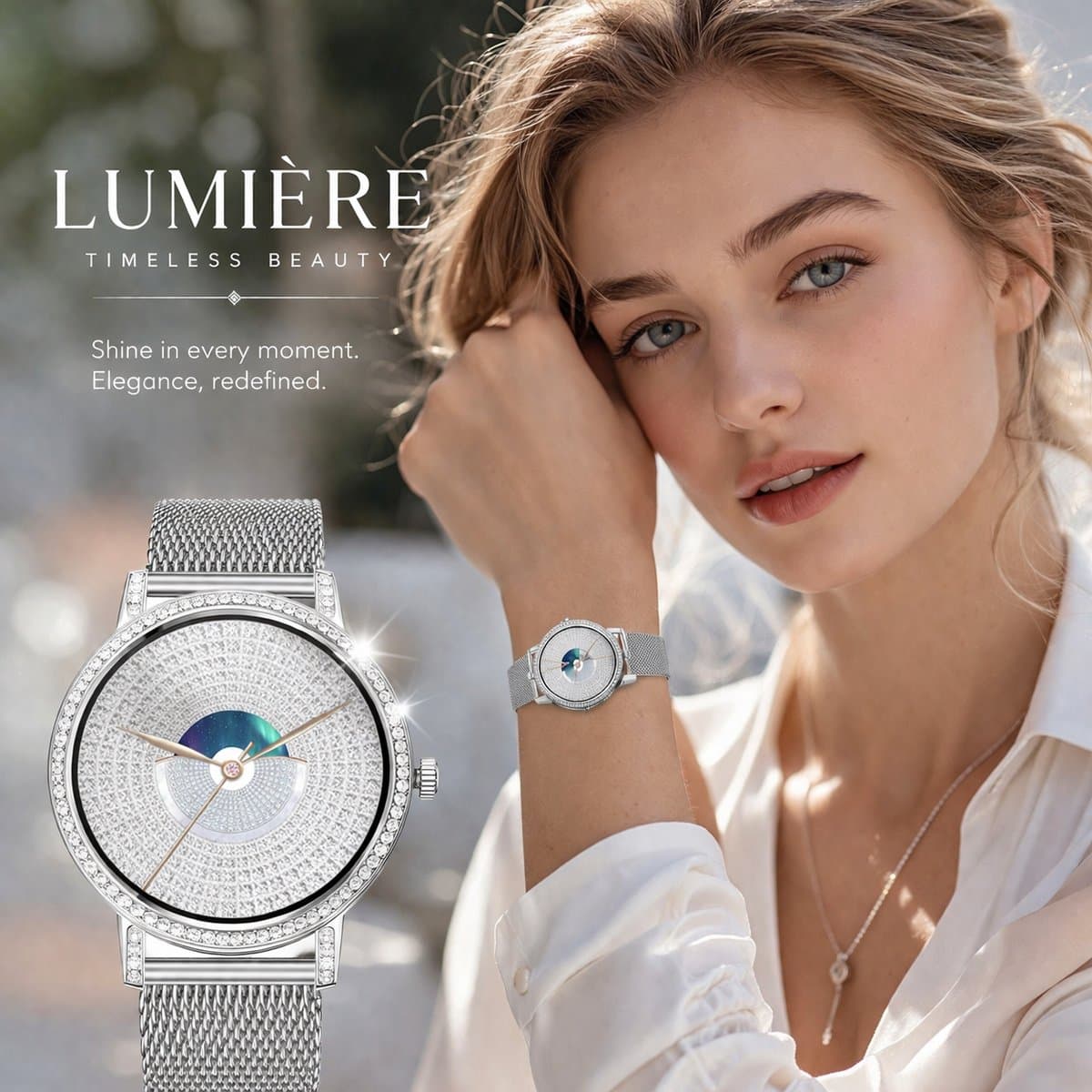 Knobbout 1.27" (3,2 cm) Smartwatch met Fonkelende Strass Steentjes – Luxe Design | Bellen via Bluetooth | Hartslag, Bloeddruk & SpO2 | IP67 Waterdicht | BT 5.3 | HD Scherm -Zilver — afbeelding 1