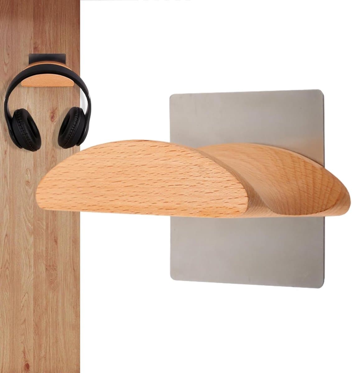Houten Hoofdtelefoonhouder - Ondersteuning Headset - Bureau Organisatie - Zonder Boren Montage - 10x6.3x2.8 Cm — afbeelding 1