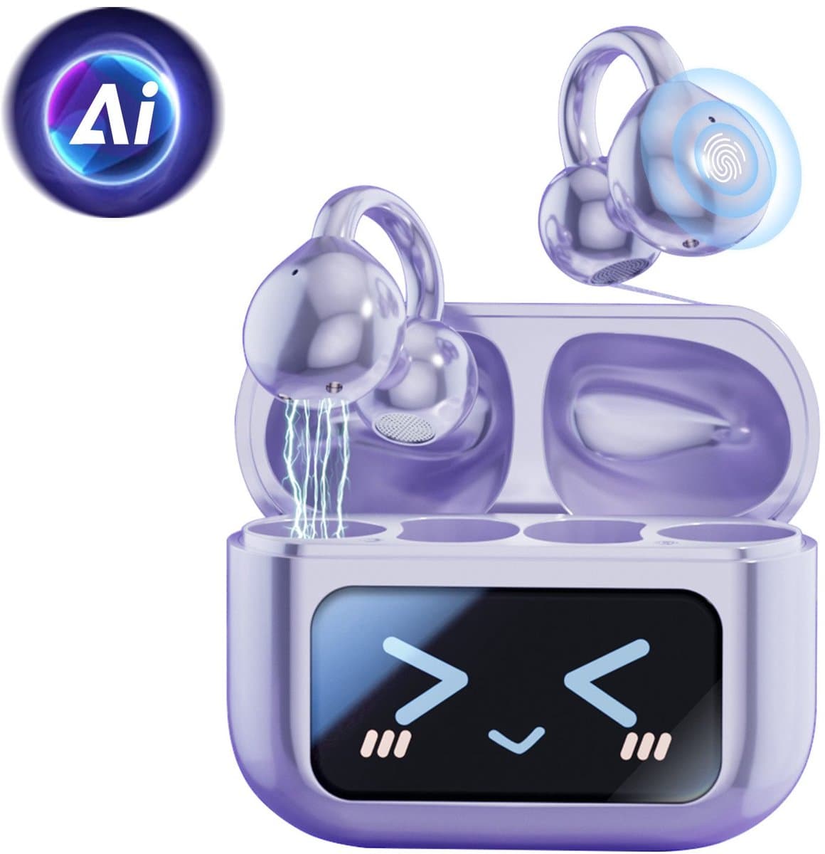 M100 - Open Ear Oortjes - Oortjes Draadloos - Sport Oordopjes - AI vertaalfunctie - 5.4 Bluetooth - Clip On - Hardlopen - 48 uur - Spatwaterdicht - XP67 - Oorclips - Paars — afbeelding 1