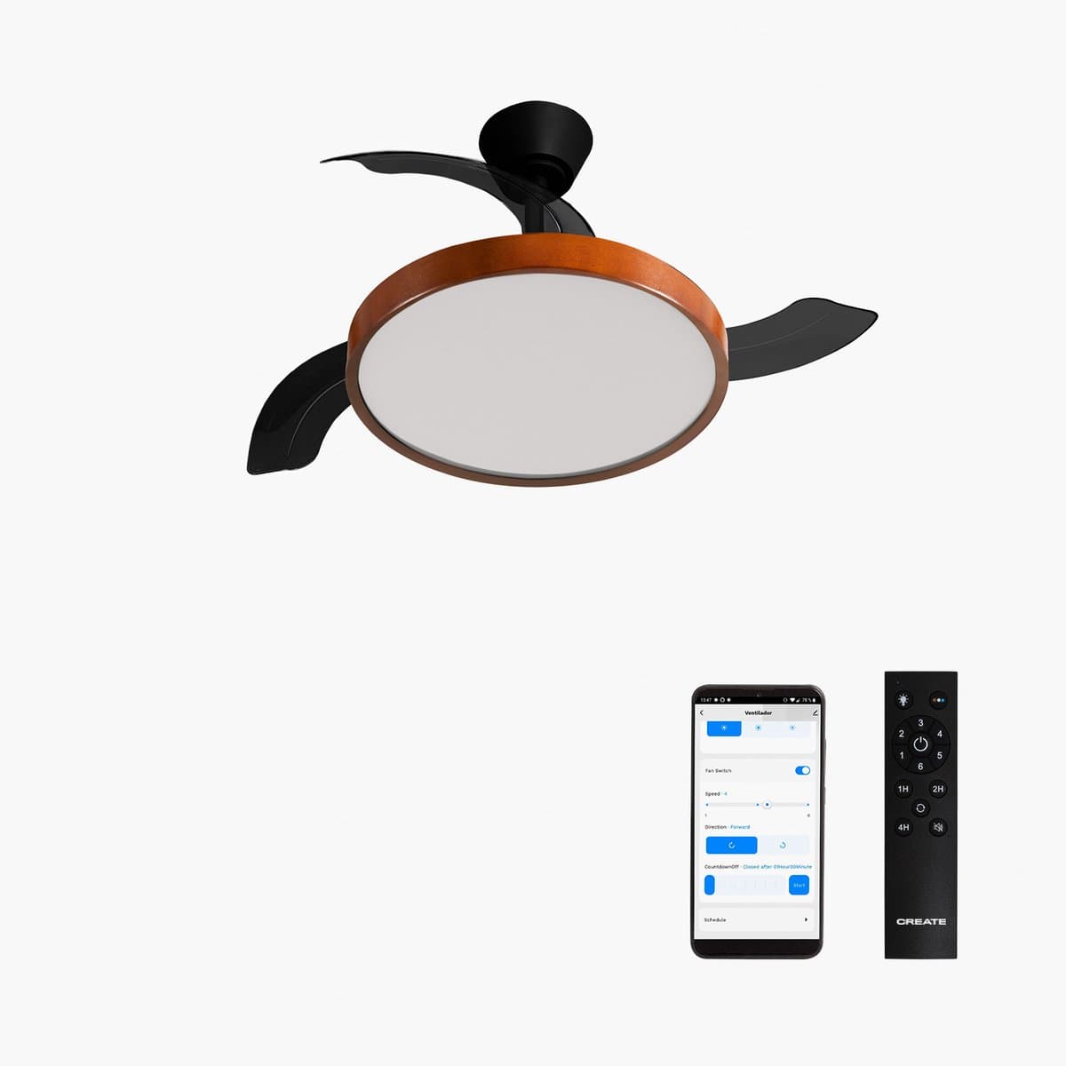CREATE - Plafondventilator 40W stil met intrekbare bladen met licht - Ø91cm - Zwart / Donker hout - WIFI + afstandsbediening - WIND CLEAR STUDIO — afbeelding 1