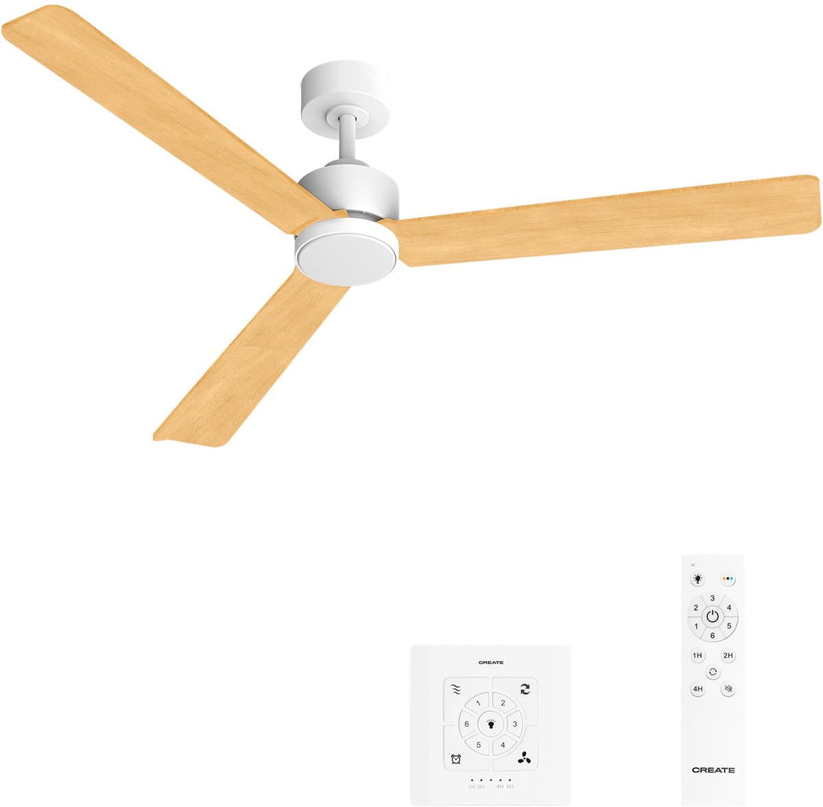 CREATE - Stille plafondventilator 40W met licht - Wit / Licht hout - Ø152cm - Controller voor wandmontage + afstandsbediening - WIND MODERN — afbeelding 1
