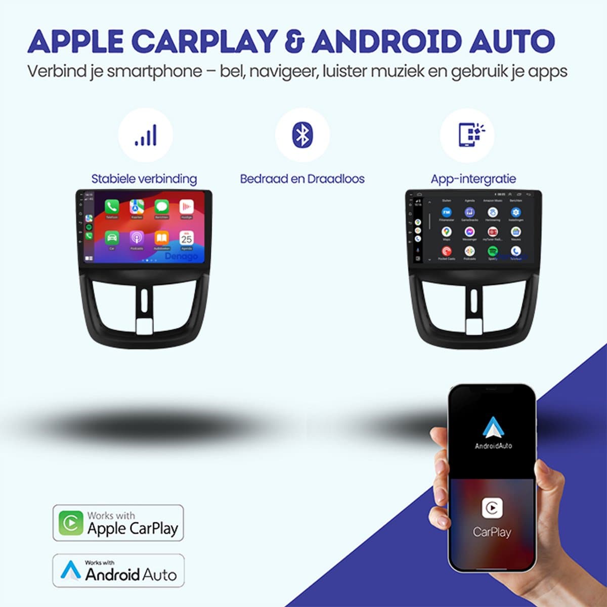 CarPlay autoradio geschikt voor Peugeot 206+ | 2009 t/m 2013 | Android 13 | Draadloos Apple CarPlay & Android Auto | 2GB + 32GB | Denago DNG-A398 | 2025 model | 2009 2010 2011 2012 2013 | Bluetooth & Wifi — afbeelding 1