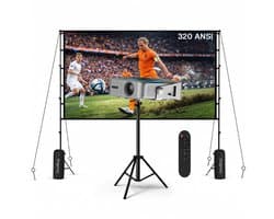 Beamer met WiFi & Bluetooth, 100 Inch Projectiescherm & Standaard van MMOBIEL – Native 1080P, 320 ANSI, 4K Ondersteuning, Automatische Keystone Correctie, 200 Inch – Voor HDMI, USB, iOS & Android