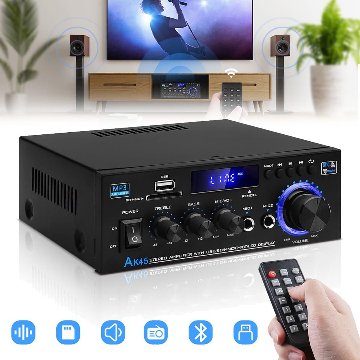 Bluetooth 5.0 Audioversterker Ontvangers - AK45 Hifi Stereo Mini Eindversterker RMS 40W 2.0 Kanaals Home Theater Audio Componenten Luidsprekers Versterker W/MIC USB RCA FM Radio — afbeelding 1