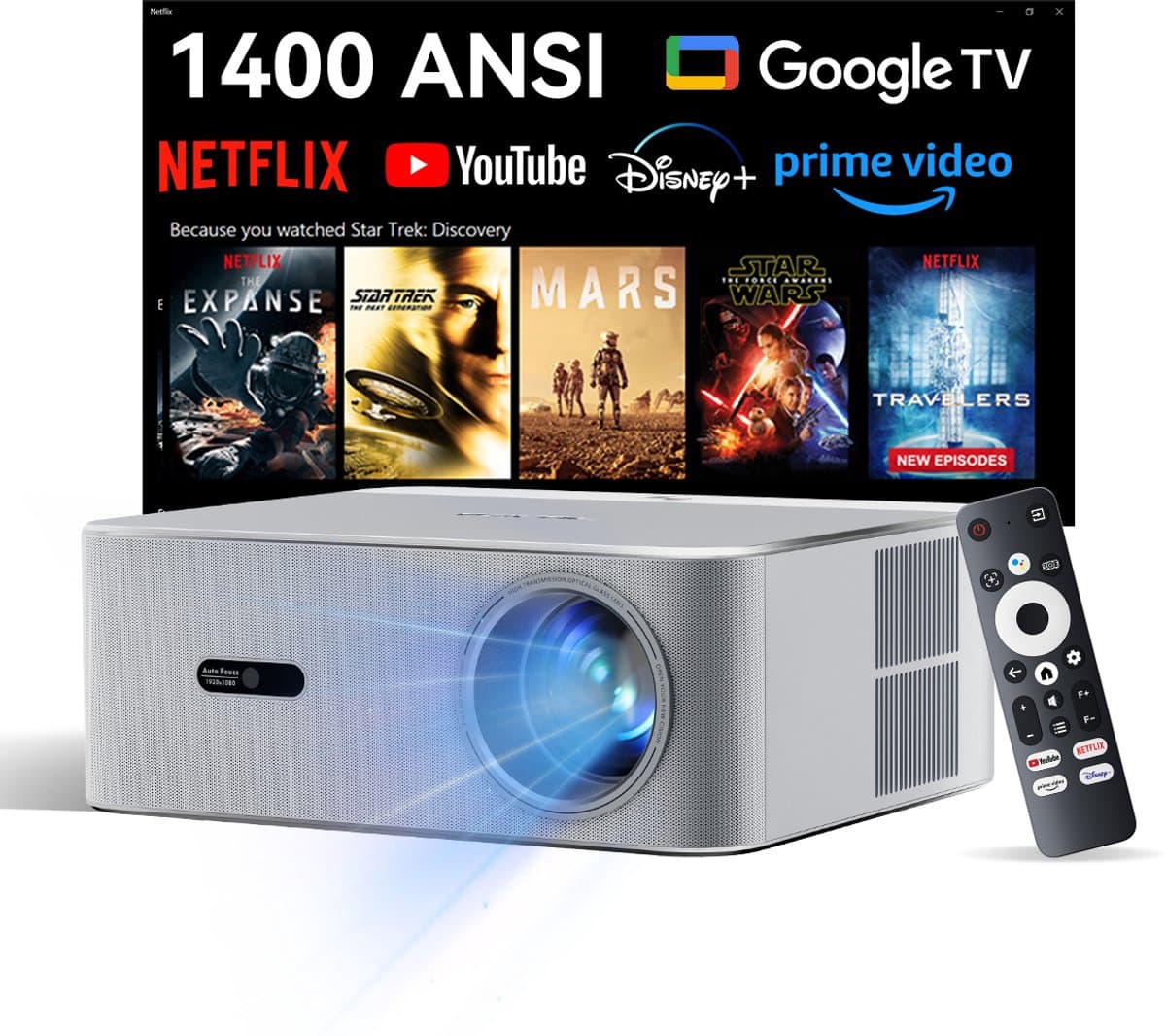 OSCAL PV800 Pro Beamer - 14000 Lumen, WiFi 6, Google TV & Netflix Gecertificeerd, HDR10+, Autofocus, 6D Trapeziumcorrectie, HiFi Geluid, 40-200" Projectie, 10000+ Apps, Thuiscinema & Buitenprojector, Zilver — afbeelding 1