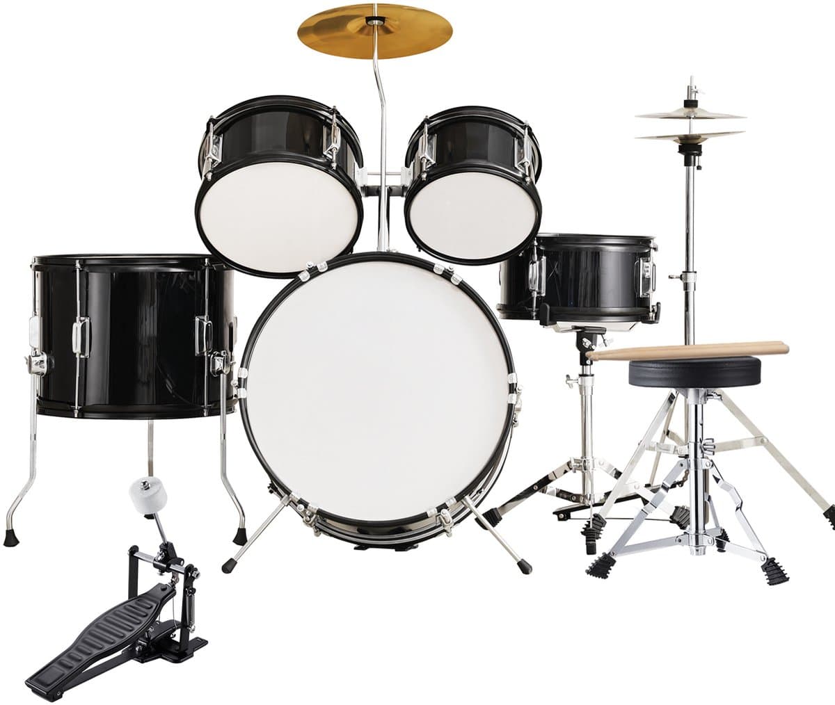 Kinderdrumset, 5-delig, 16-Inch Beginnersdrumstel met Verstelbare Kruk, Bastoms, Snare, Vloertrommel, Cimbalen, Hihatpedaal en Twee Paar Drumstokken — afbeelding 1
