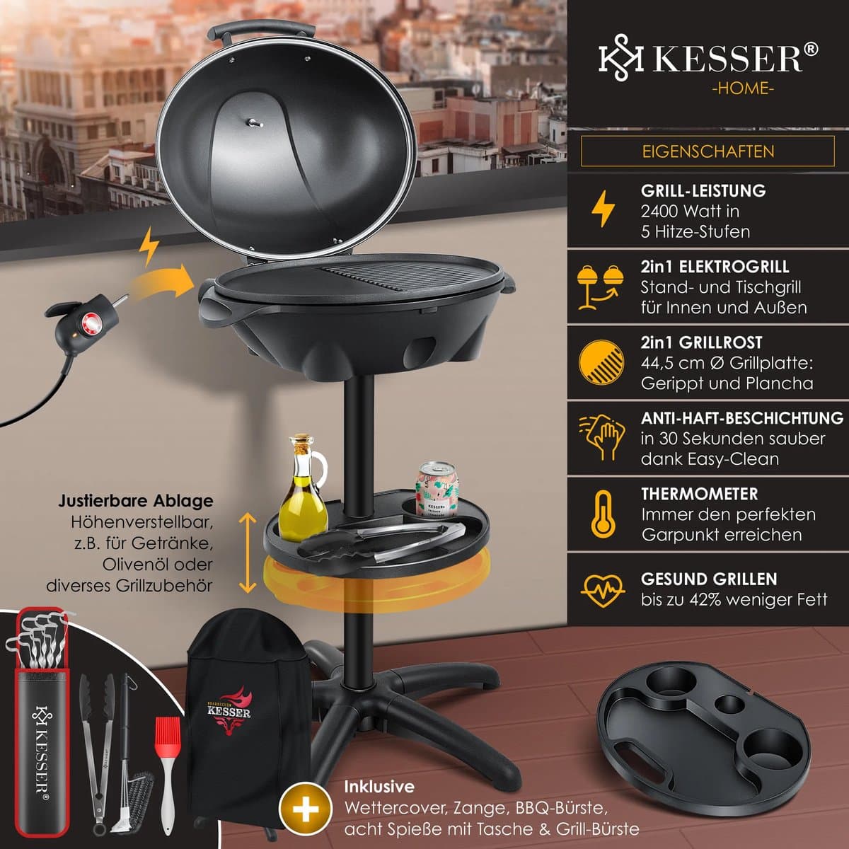 KESSER® elektrische grill 2in1 tafelgrill - staande grill met deksel en standaard | maximaal 2400 watt thermometer | Anti — afbeelding 1