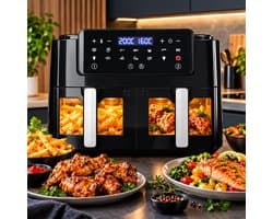 ILLIVEKIT Dubbele Airfryer XXL – 10L – 2800W – Dual Zone – 12 Kookprogramma’s – Touchscreen – 50-200°C – 360° Hetelucht – Zwart