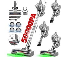 Adormii Steelstofzuiger Draadloos – 50 kPa Sterke Zuigkracht – Tot 60 Min Accuduur – Anti-haarwikkel Vloerborstel – 4 HEPA-filters – 1,6 L Stofreservoir – Groene LED Stofdetectieverlichting – Zilver