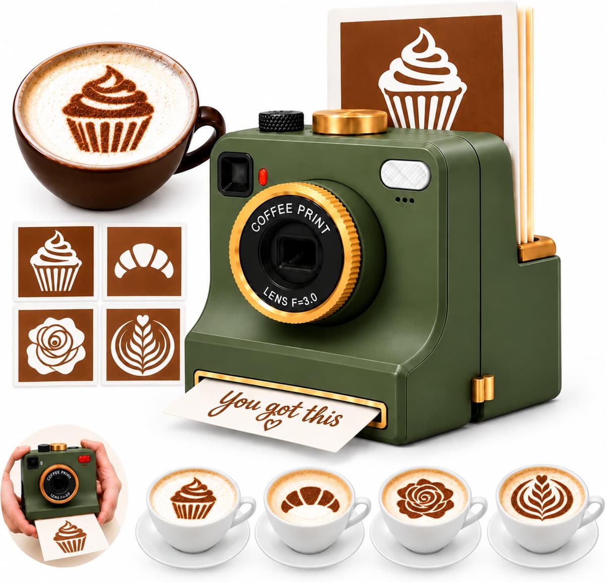 Koffie Printer - 3D Latte Art Maker - Cappuccino Sjabloon - Retro Camera Poederverdeler - Geprint (9.5x9.5x12 cm) - 4 Sjablonen (Cupcake, Croissant, Roos & Latte Art) - Geschikt voor Koffie & Taart - Groen — afbeelding 1