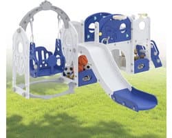7-in-1 kinderglijbaan voor peuters, multifunctionele speelset met schommel, glijbaan, basketbalmand, tunnel, opbergruimte, klimladder, gereedschapsvrije montage, vrijstaande glijbaan, speelgoed