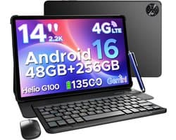 Doogee TAB E3 Max VIP - Tablet - 32 GB RAM + 256 GB ROM /TF 2TB - MTK Helio G100 - 14 inth Ips - Android 16 - 13500mAh - 4G LTE - 5G WLAN - Vier luidsprekers - GPS - Zwart