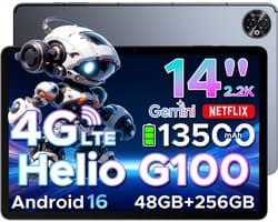 DOOGEE Tab E3 Max - Tablet - 32GB ROM+256GB ROM(2TB TF)- Android 16 - 14 inth IPS - 4G LTE - Gemini AI - Helio G100 - 13500mAh/18W - Quad Speakers - Face ID - 5G Wi-Fi - A GPS - GPS - Grijs