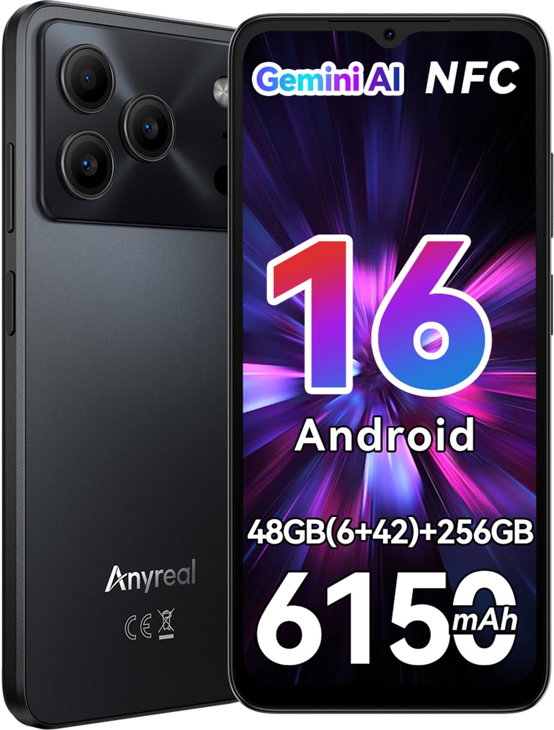 Anyreal Note 56 Plus Smartphone - 6,56 Inch - 48GB(6+24) RAM - 256GB ROM - 6150 mAh - Android 16 - Gemini AI - NFC GPS - Zwart — afbeelding 1