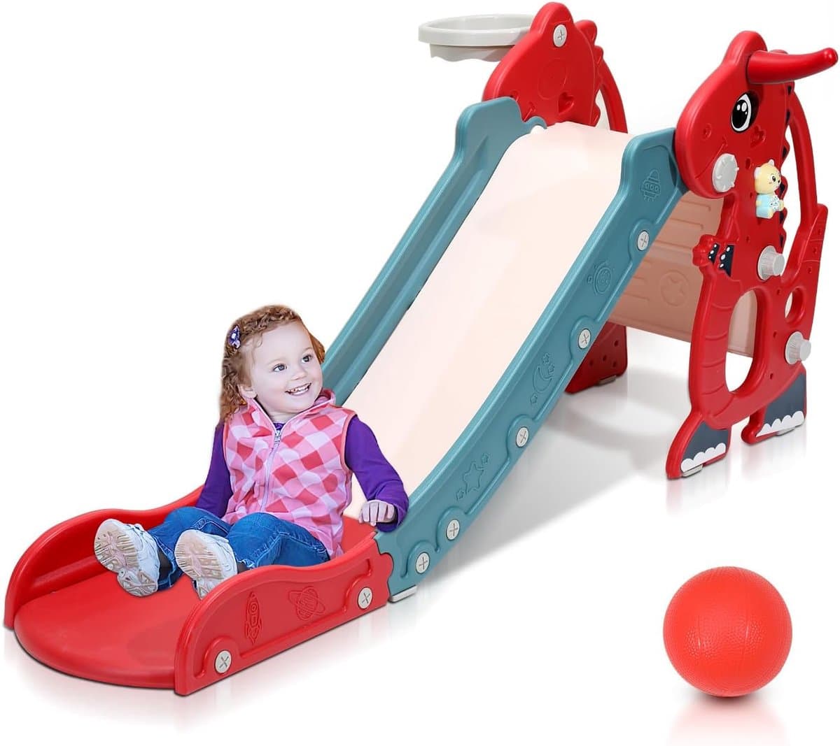 4-in-1 kinderglijbaan, opvouwbaar, kinderglijbaan met basketbalmand, glijbaan jaar, indoor en outdoor glijbaan, babyglijbaan, tuinglijbaan, rood — afbeelding 1