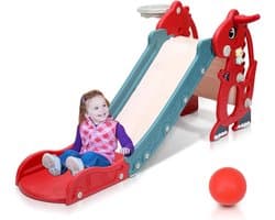 4-in-1 kinderglijbaan, opvouwbaar, kinderglijbaan met basketbalmand, glijbaan jaar, indoor en outdoor glijbaan, babyglijbaan, tuinglijbaan, rood