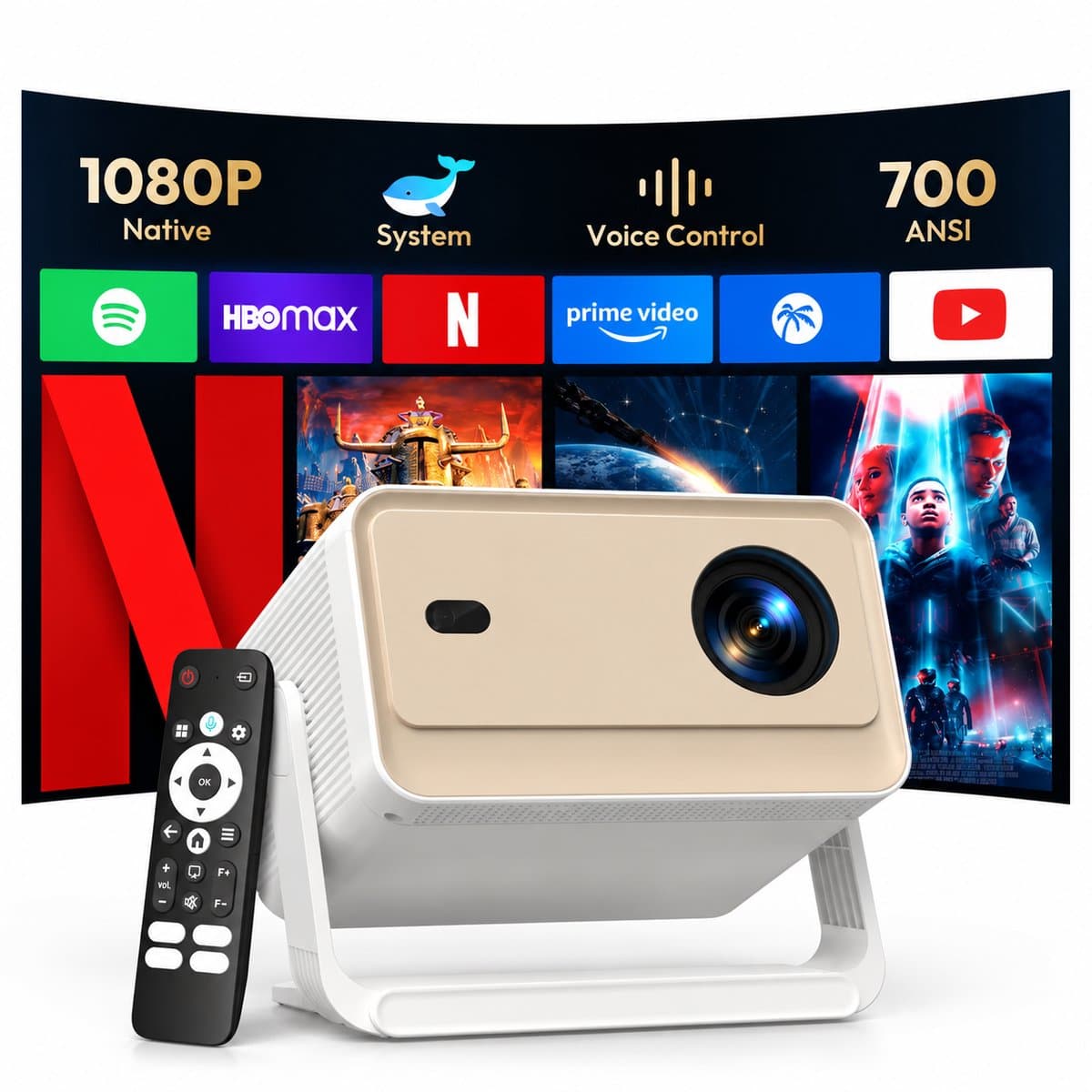 Beamer Full HD 1080P – 700 ANSI – WiFi 6 & Bluetooth 5.4 – Autofocus – 40-200 Inch Projectie — afbeelding 1