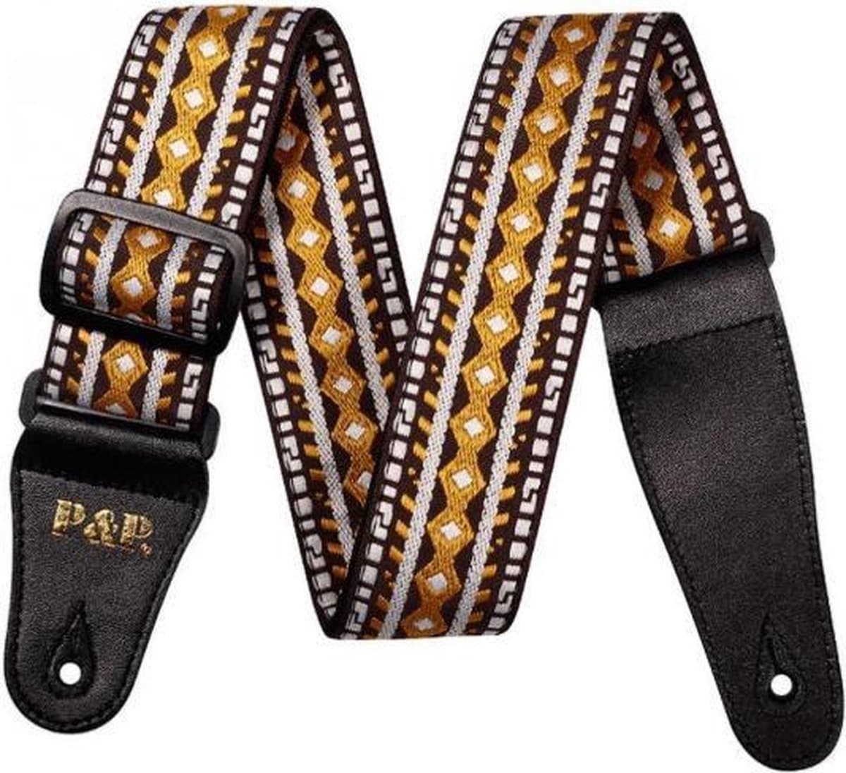 P&P® - Professionele Verstelbare Stevige Gitaarband - Guitar strap Band - Luxe Gitaarriem - Bas/Elektrische /Akoestische/ Klassieke Gitaar - Geborduurd geel/bruin — afbeelding 1