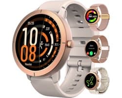 Synyq Evo Pro - GPS Smartwatch - 4 Bandjes - 42mm - AMOLED - 5ATM Waterdicht - Stappenteller - Hartslagmeter - Slaapmonitor - Multisport - Belfunctie - Bluetooth Smartwatch voor Dames en Heren - iOS & Android - Rosé Goud