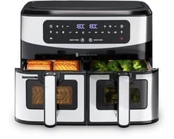 KitchenBrothers Dubbele Airfryer - PFAS-Vrij - 2400W - Dual Zone - 9L - Heteluchtfriteuse - Airfryer XXL - 2 x 4.5L - 10 Kookprogramma's - RVS/Zwart
