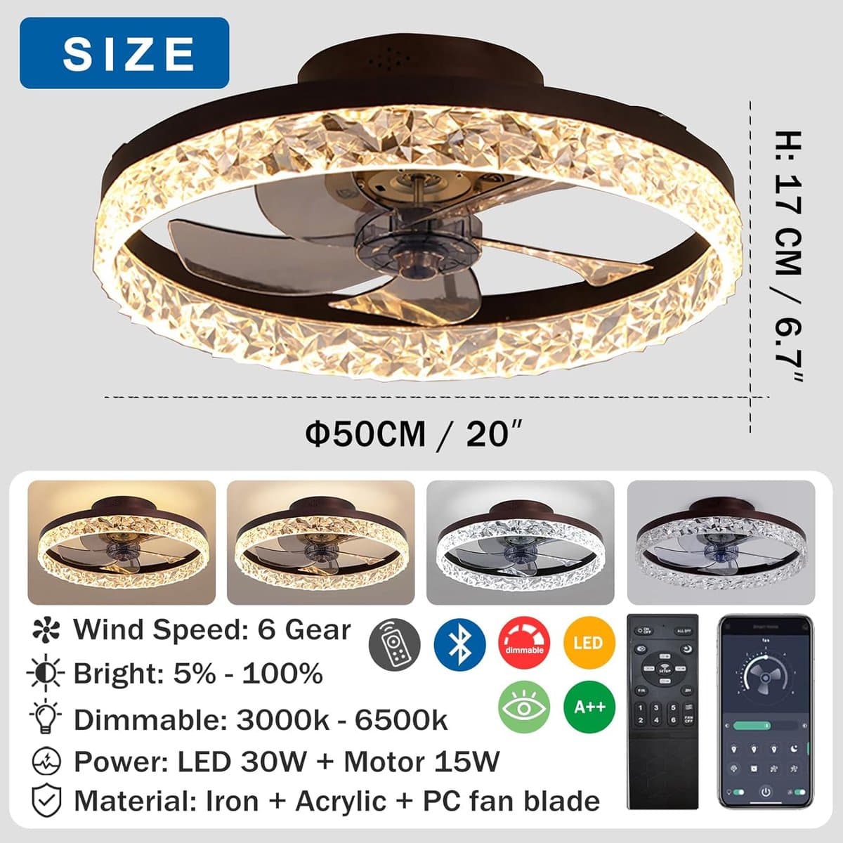 Moderne plafondventilator met verlichting en afstandsbediening - Dimbaar, 6 snelheden, 50CM (Zwart) — afbeelding 1
