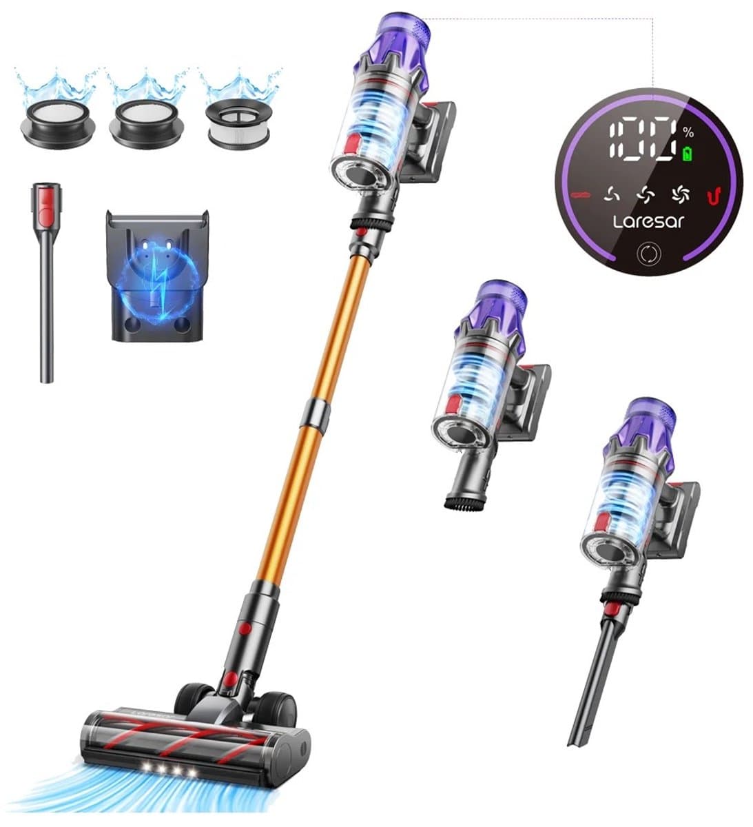 Hennova Steelstofzuiger - Steelstofzuiger draadloos - Vacuum cleaner - Verwijderbare accu - Zonder zak - Slimme LED functies - 50 Kpa zuigkracht - 500W - Zwart — afbeelding 1