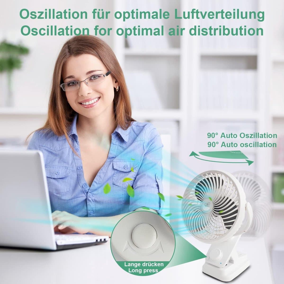 Mini Oscillatie Tafelventilator met Oplaadbare Batterij - Stil en Verstelbaar met LED Licht - Ideaal voor Camping en Binnengebruik — afbeelding 1