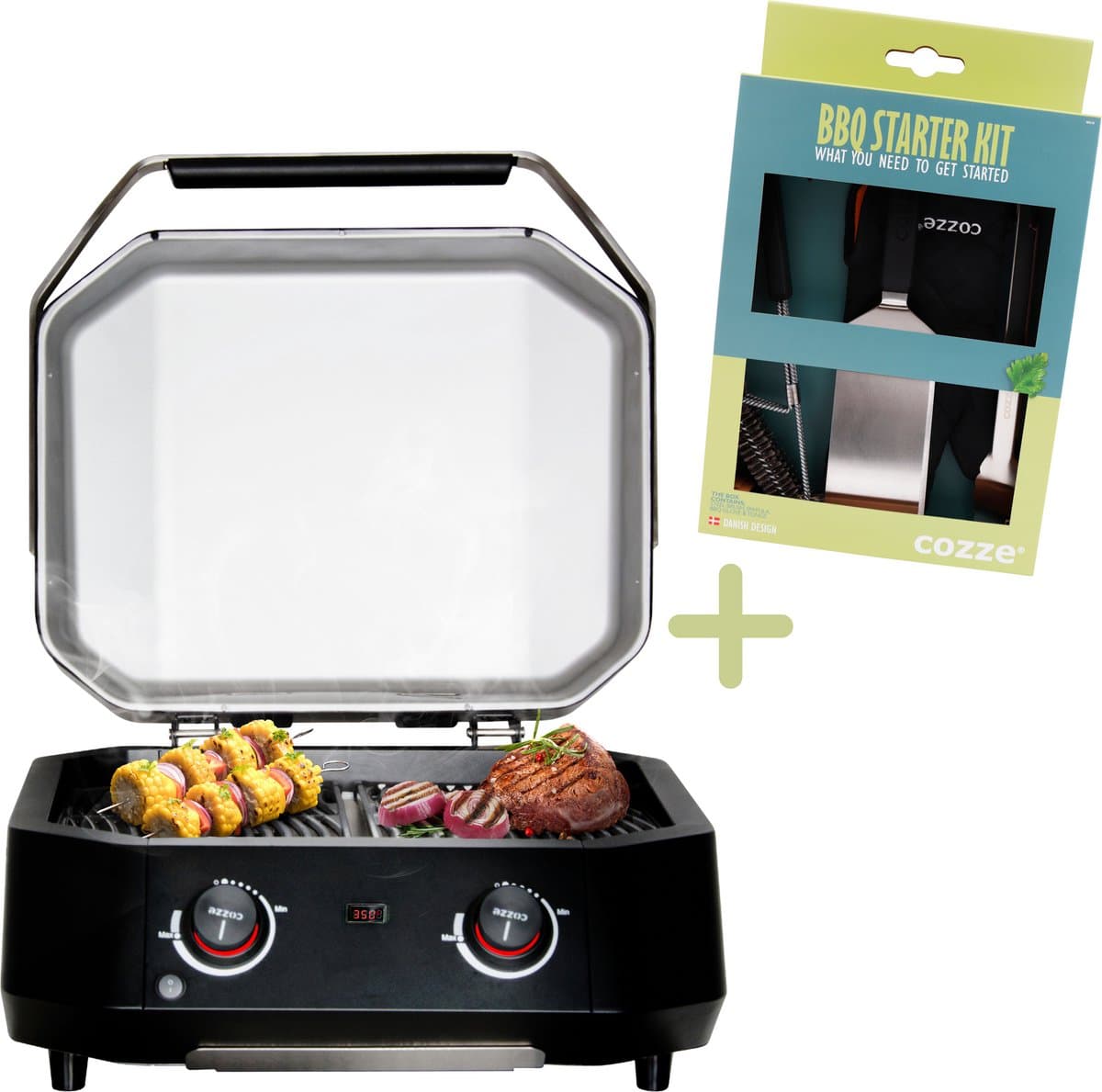 Cozze® E-500 Elektrische Grill met 2 zones 230 V/2100 W - Inclusief gratis BBQ-set — afbeelding 1