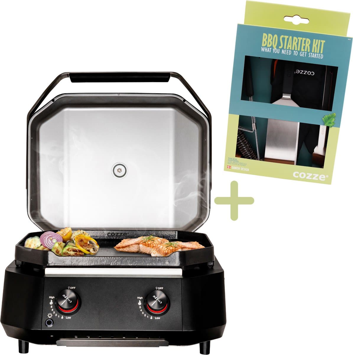 Cozze® G-500 Gas Plancha BBQ met Deksel - 2 Gasbranders - BBQ Gasbakplaat voor Buiten Koken - 5,0 kW - Inclusief Gratis BBQ Set - Outdoor Cooking — afbeelding 1